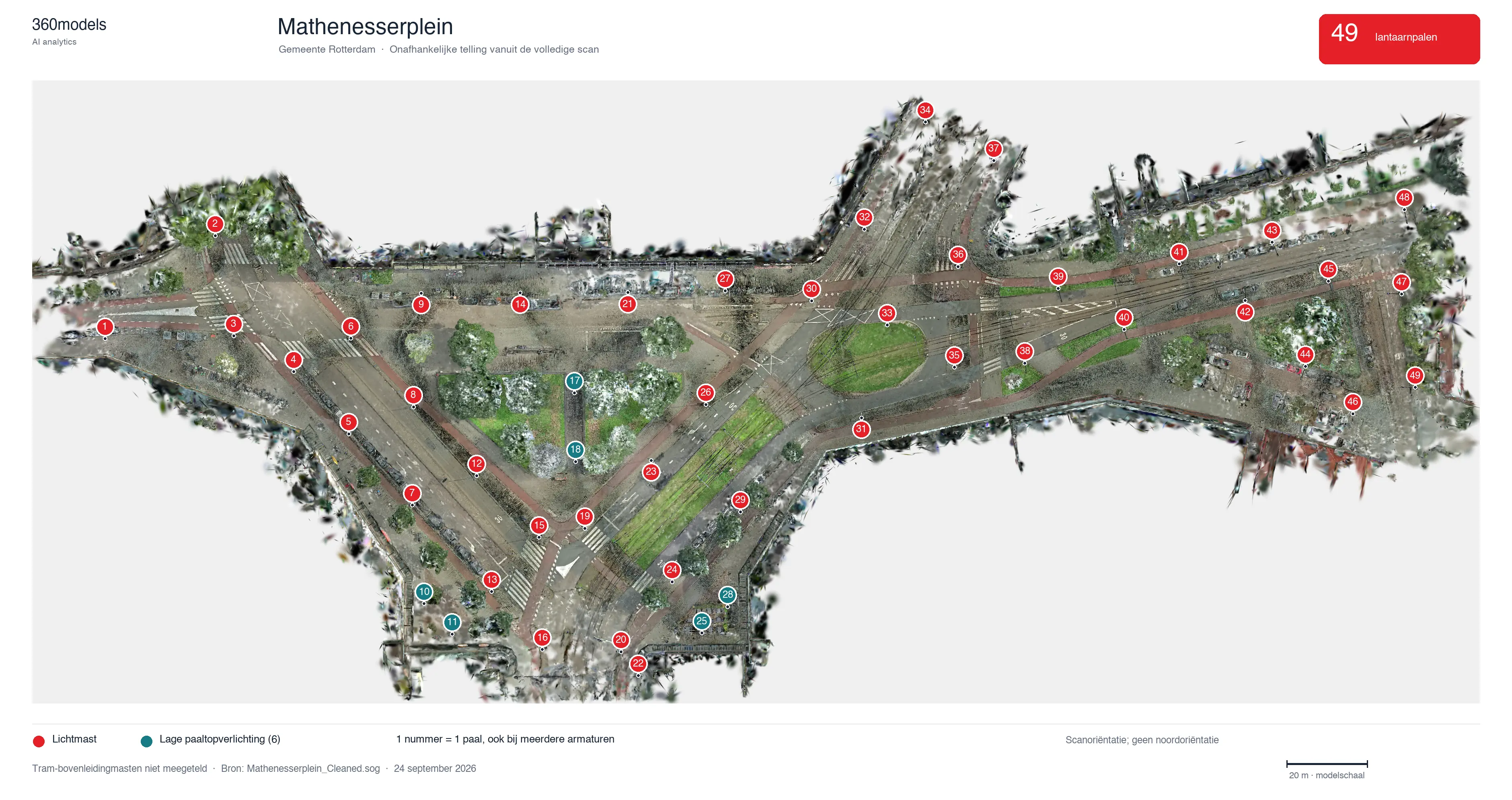 Bovenaanzicht van de Mathenesserplein-scan met 49 genummerde lantaarnpalen; trambovenleidingmasten zijn uitgesloten.