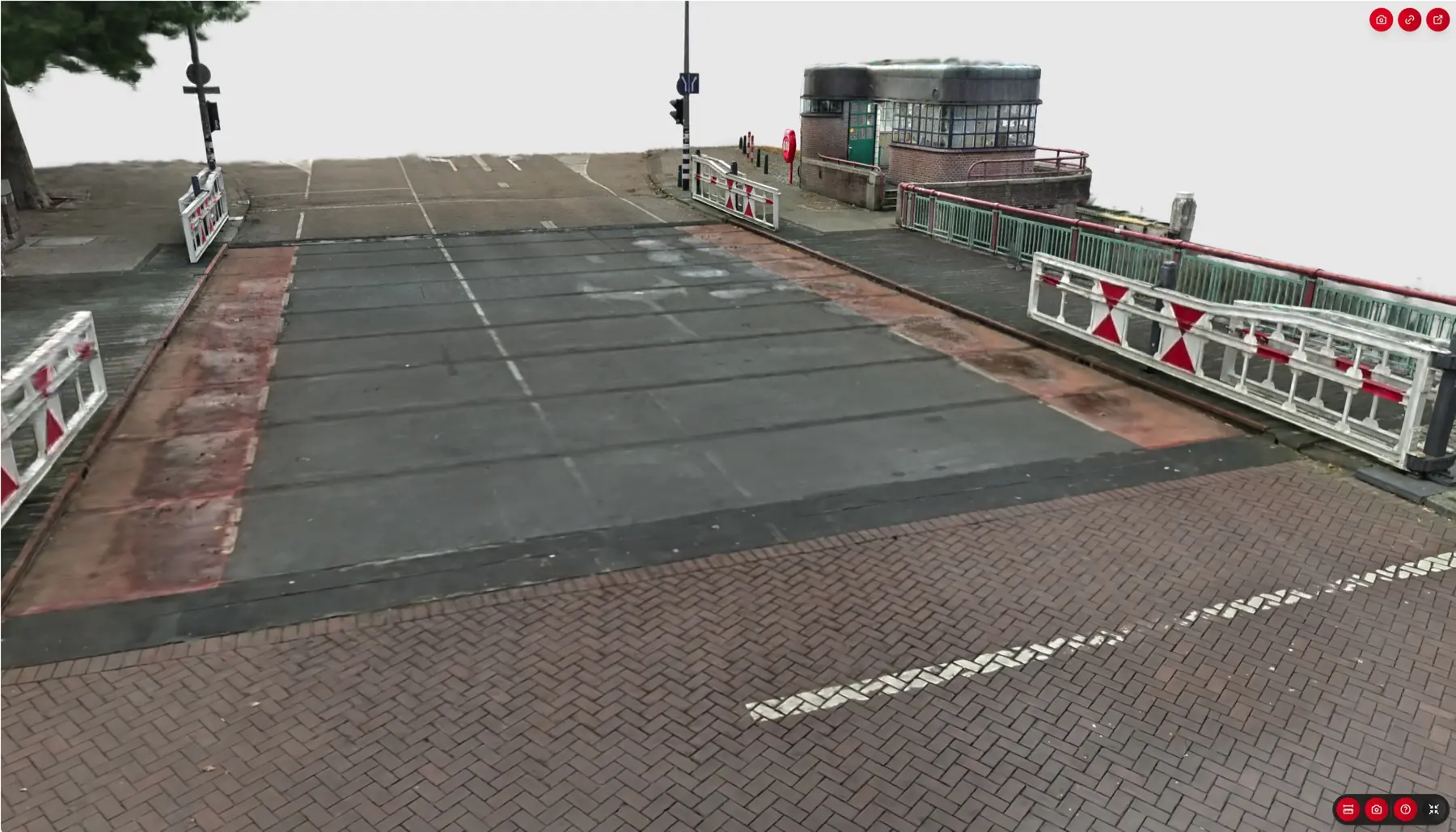 Fotorealistische 3D-opname van een brug met afsluitbomen en brugwachtershuis