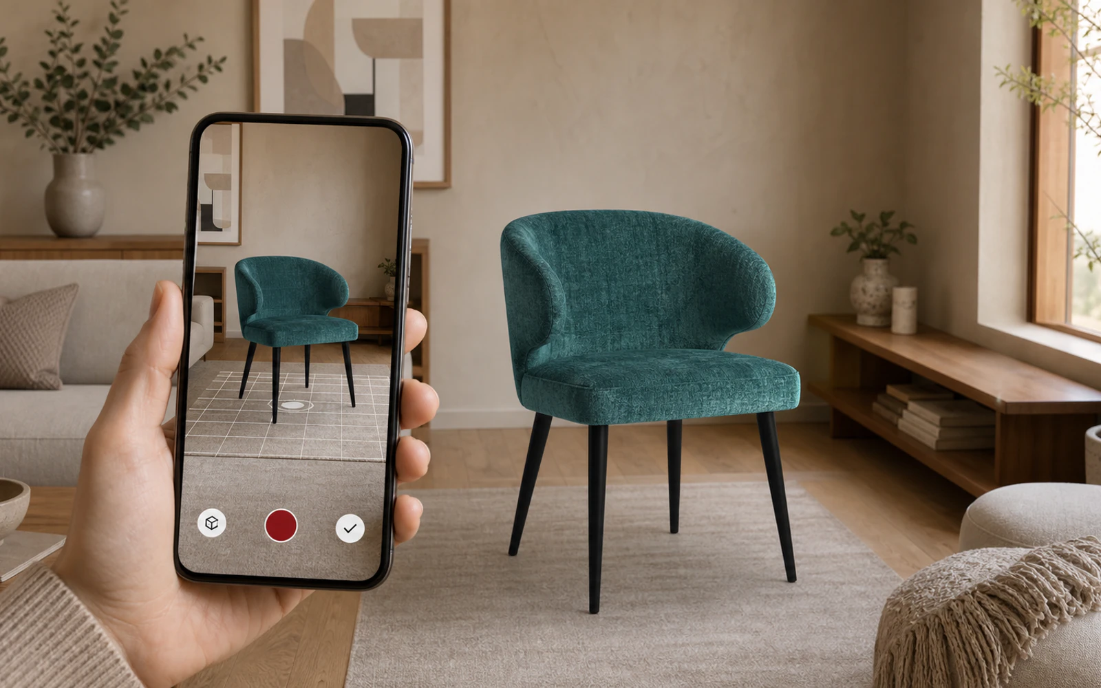 WebAR visualisatie waarbij een petrol stoel in een woonkamer wordt geplaatst