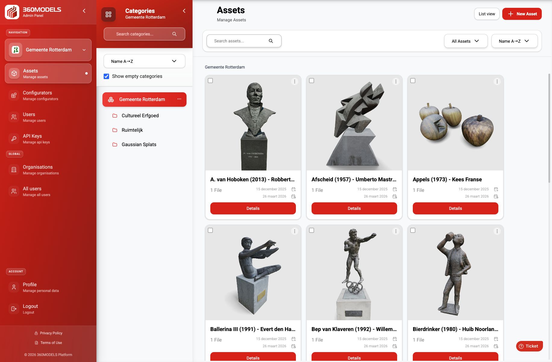 360models asset library with categories and scanned Rotterdam heritage objects